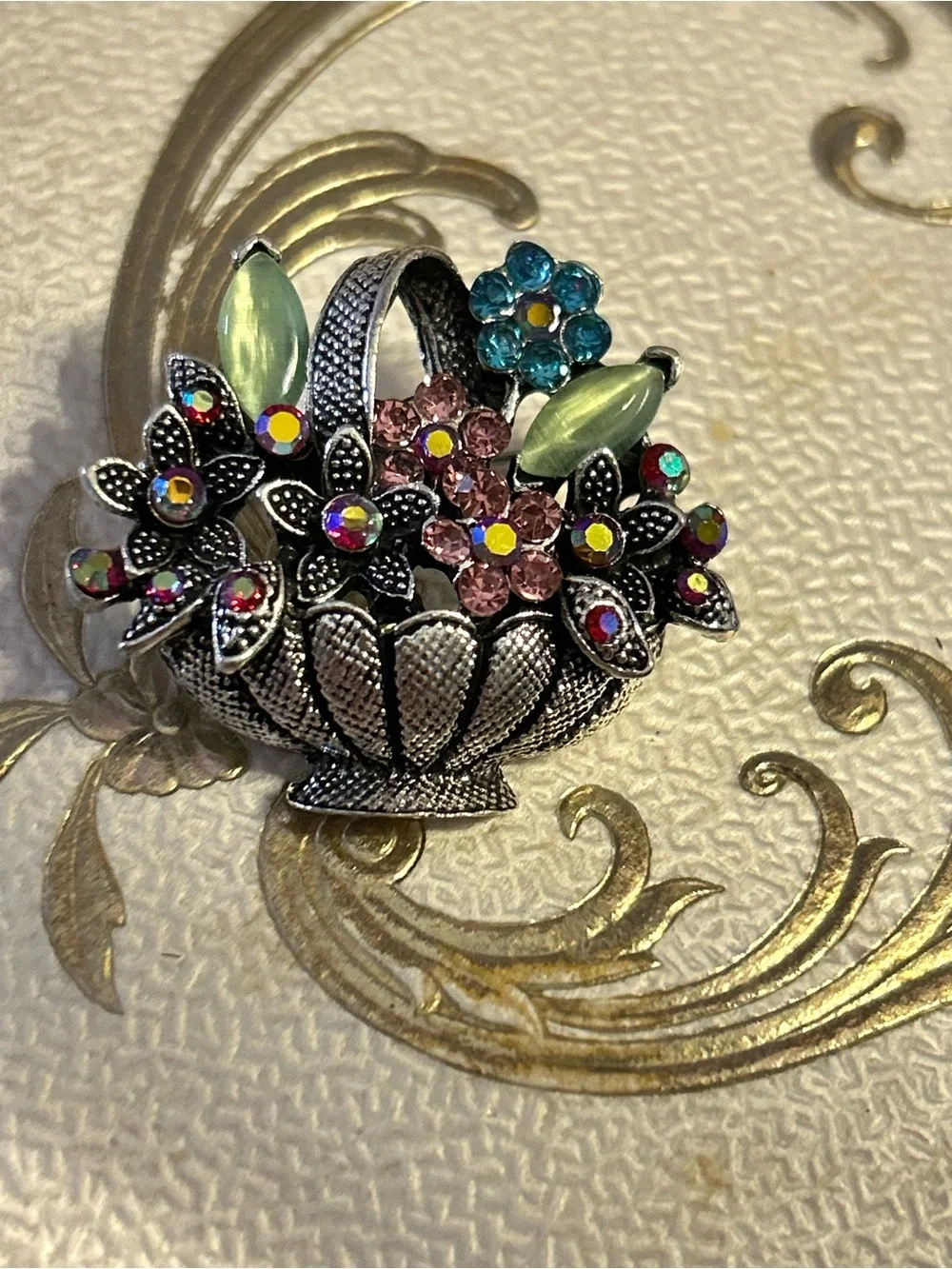 Silver Floral Crystal Basket Ring with Multi-Color & AB Accents